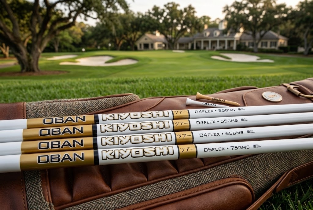 Oban Kiyoshi golf shafts on bag beside putting green