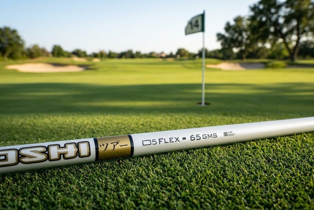 Golf club shaft on grass beside 14th hole