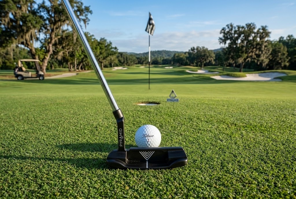 Putter and golf ball on a manicured putting green