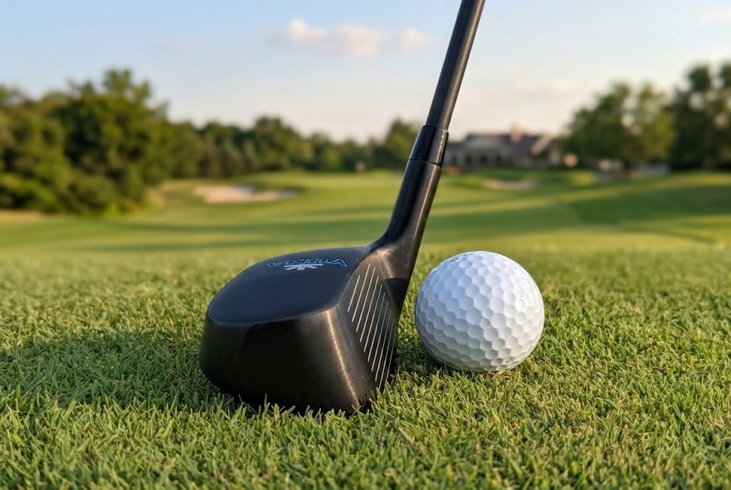 Golf club and ball on a sunlit course
