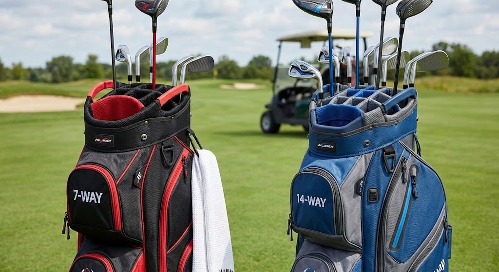 Golf bags with clubs on a golf course