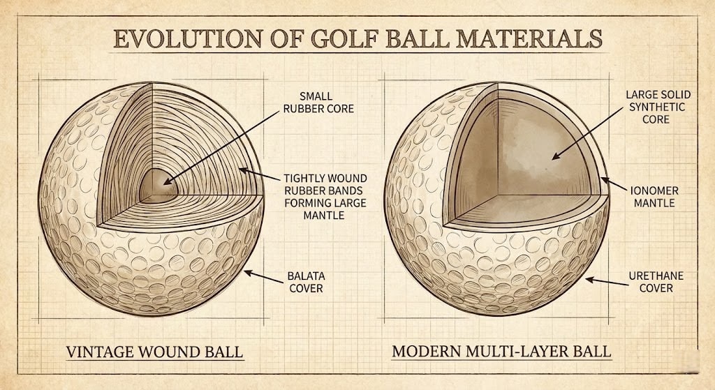 Evolution of vintage and modern golf ball materials