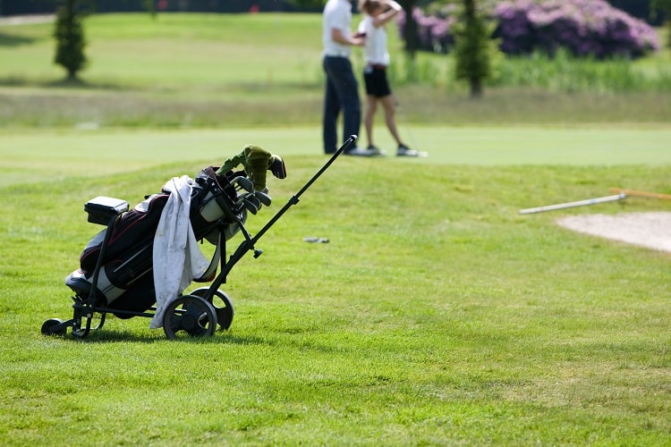 Golf bag on course near players
