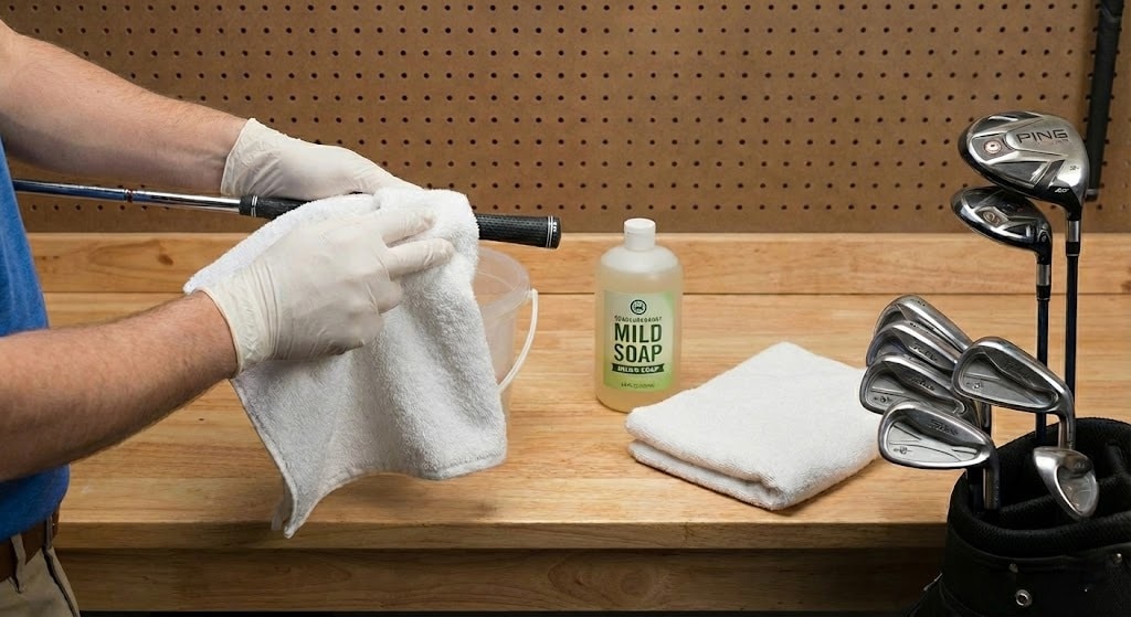 Cleaning golf club with mild soap and towel