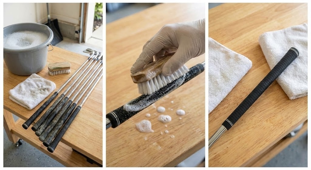 Cleaning golf club grips with soap and brush