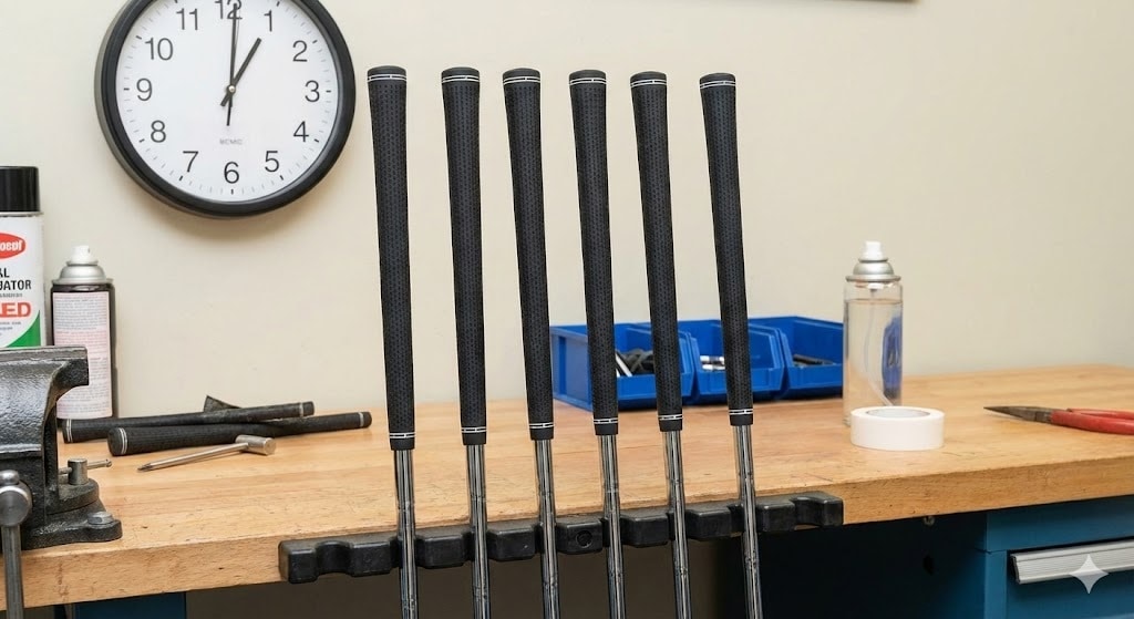 Golf clubs being regripped on workshop table
