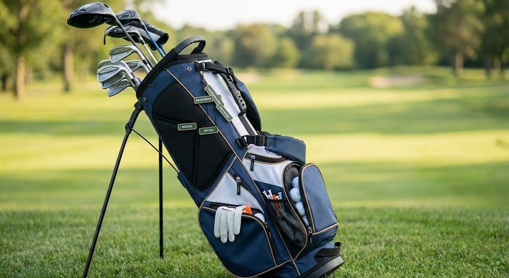 Golf bag with clubs on green course