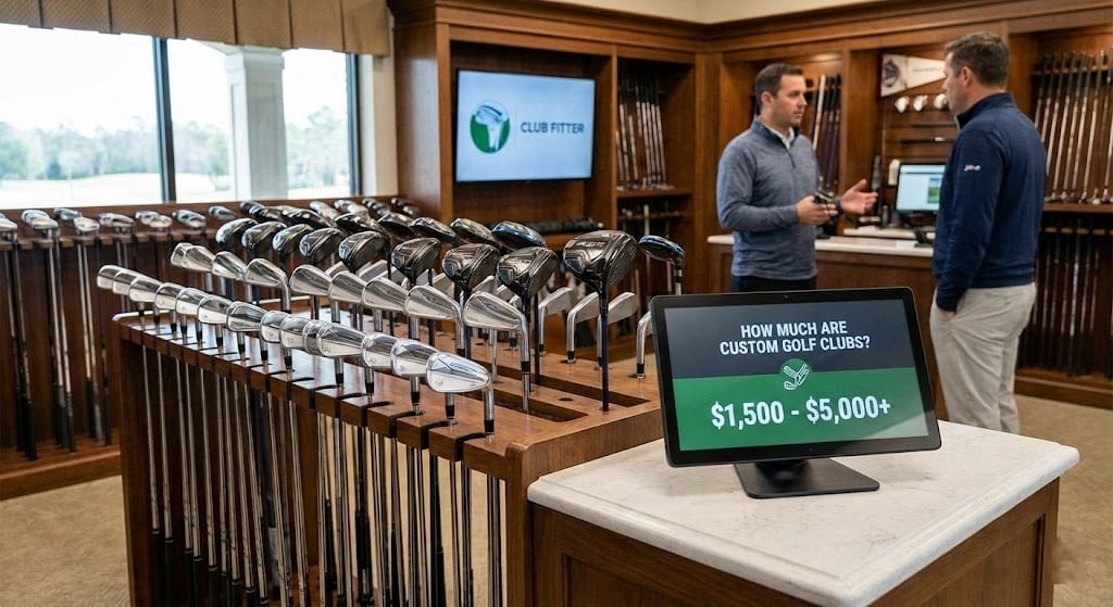 Custom golf clubs display in fitting studio
