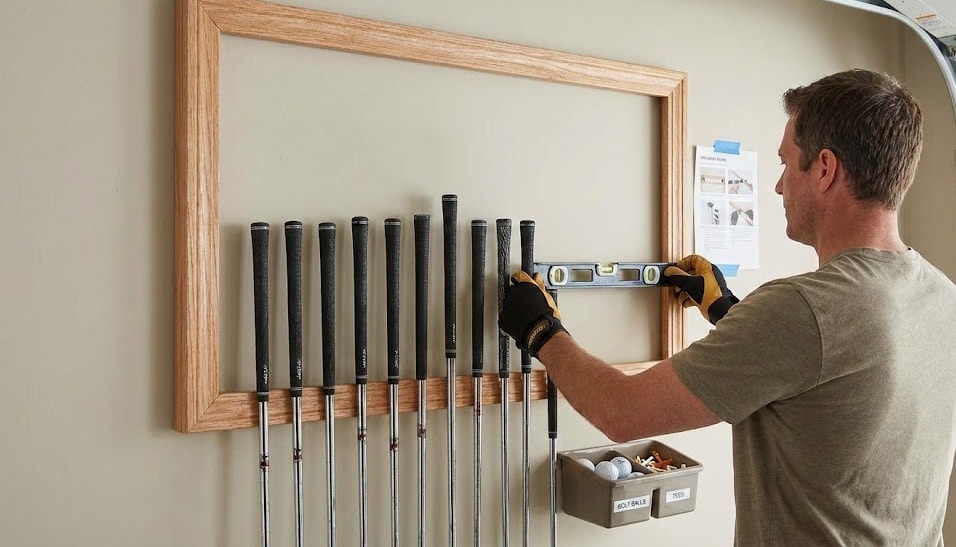 Man leveling wooden golf club rack on wall