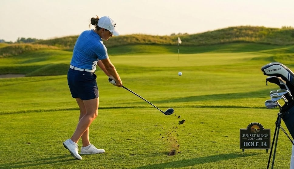 Golfer hitting tee shot at Sunset Ridge hole 14