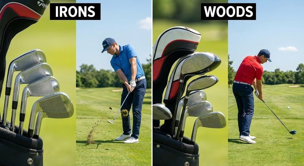 Golfer using irons and woods on golf course