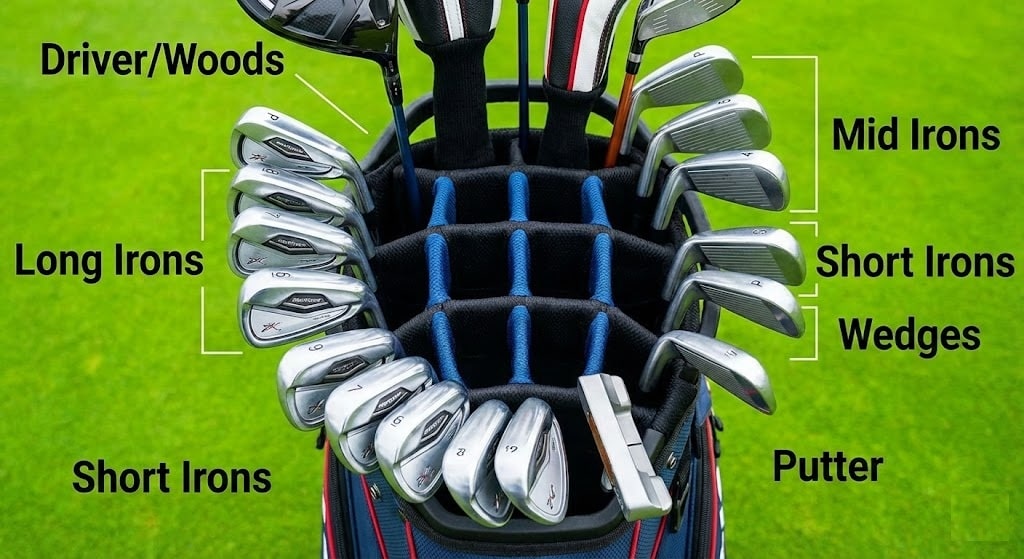 Golf bag with labeled clubs and sections