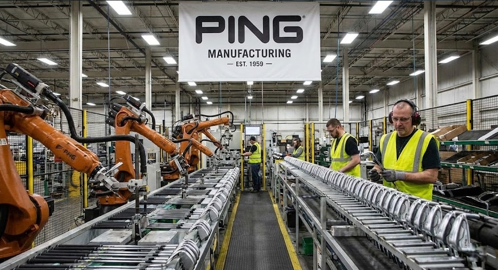 Workers assembling golf clubs in manufacturing facility