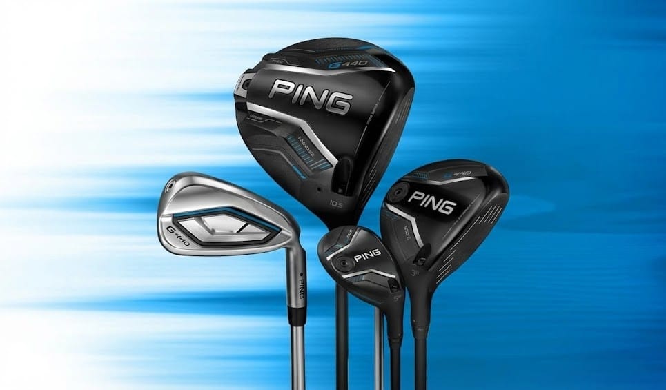Ping G410 golf clubs on blue background
