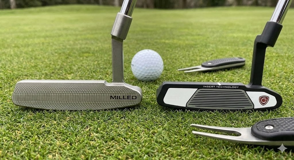 Golf putters and ball on green grass