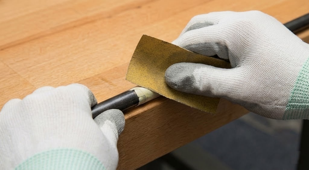 Hands sanding a metal pipe with sandpaper