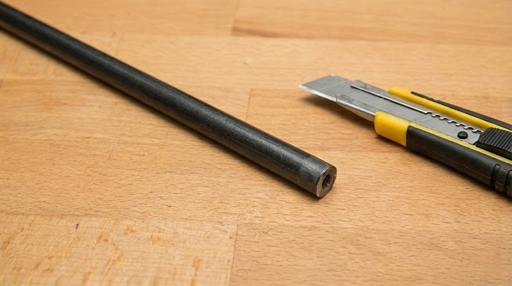Metal rod and utility knife on wooden surface