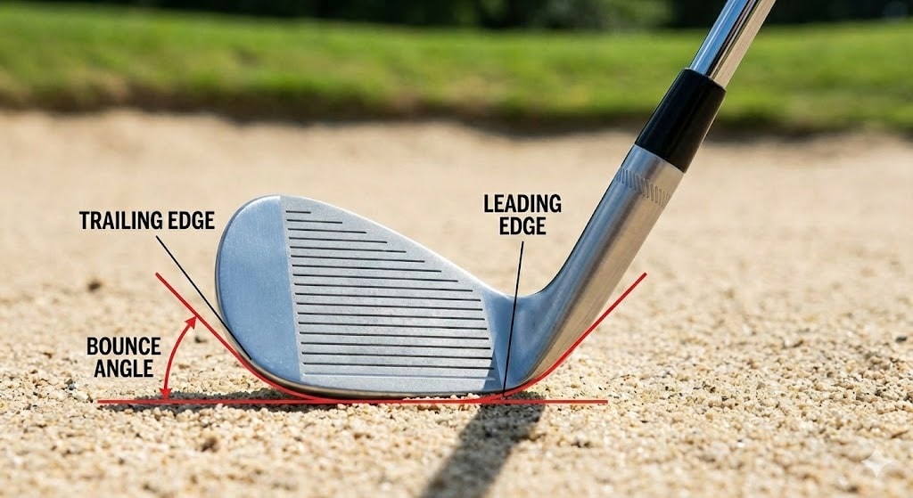 Golf wedge showing bounce angle and edges in sand