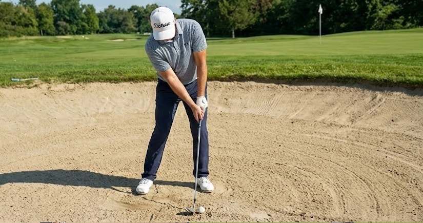 Golfer hitting ball from sand bunker