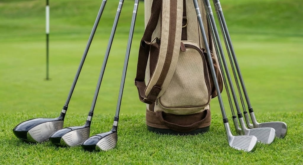 Golf bag with clubs on green course