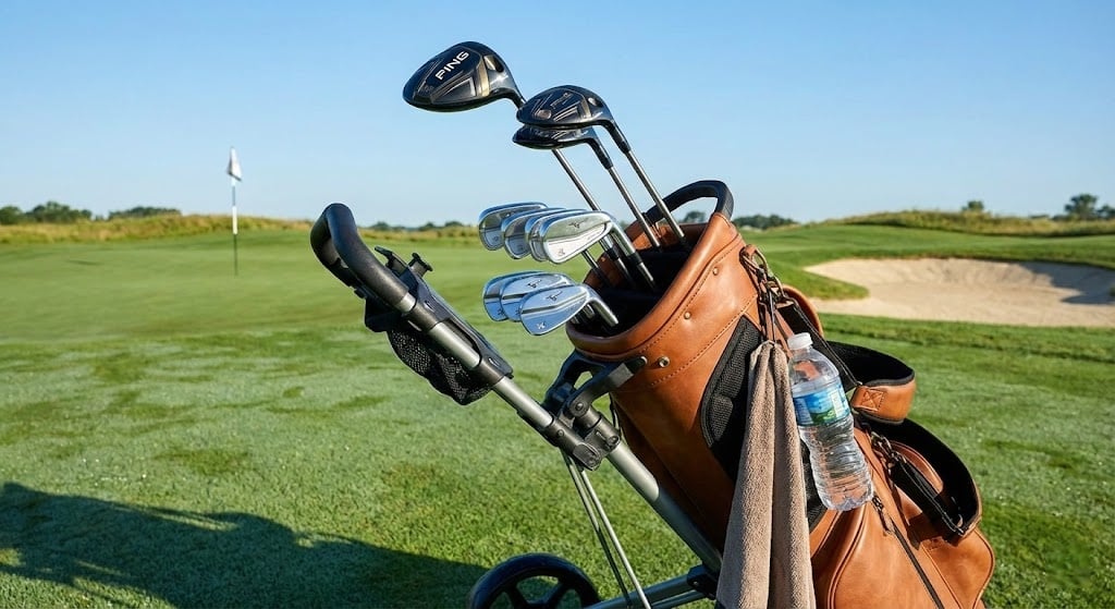 Golf bag with clubs on green golf course