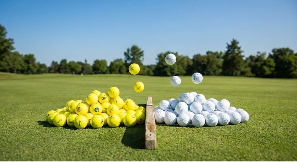 Yellow and white golf balls on grass field