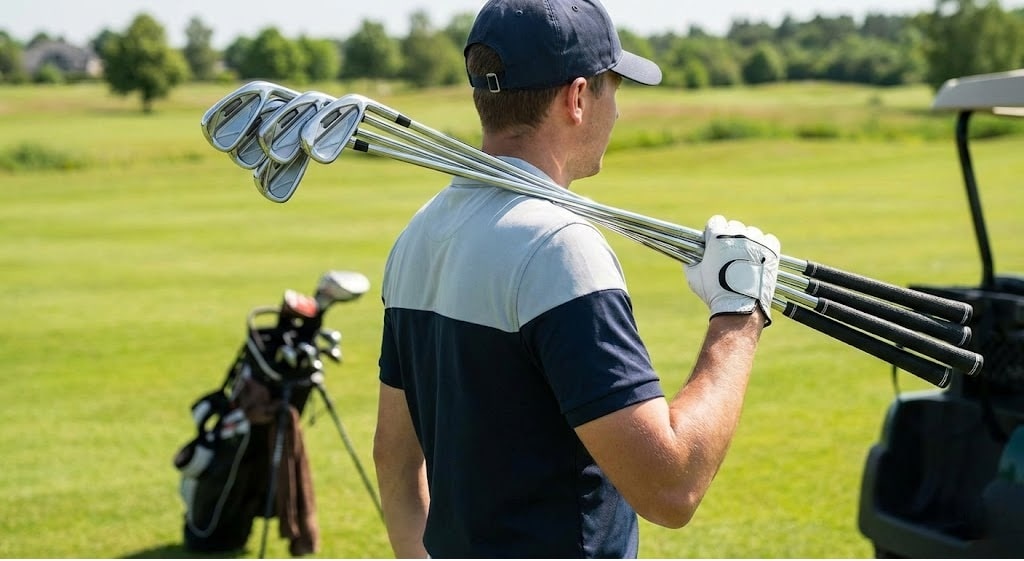 Golfer carrying clubs on a sunny golf course
