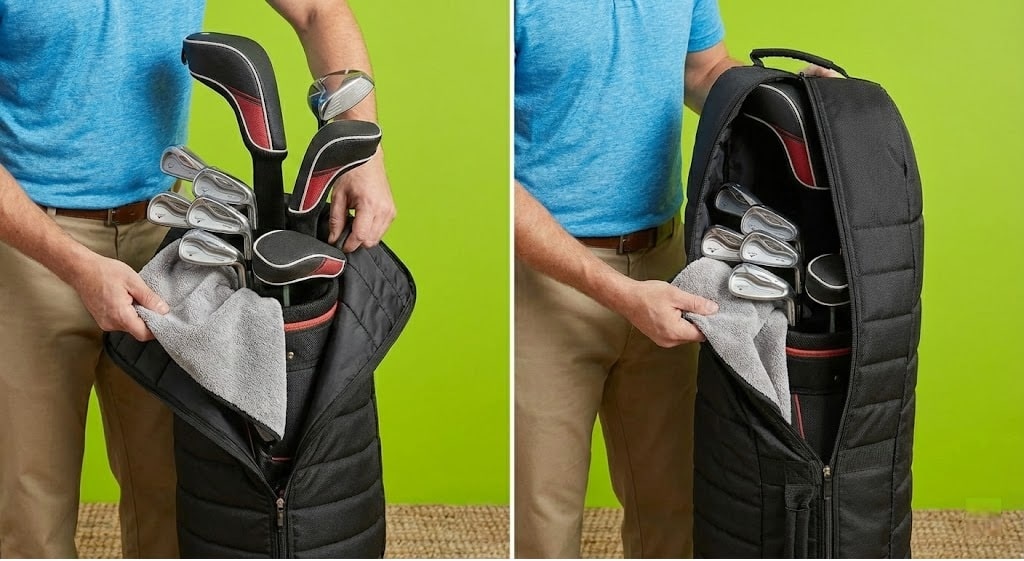 Man packing golf clubs into travel bag