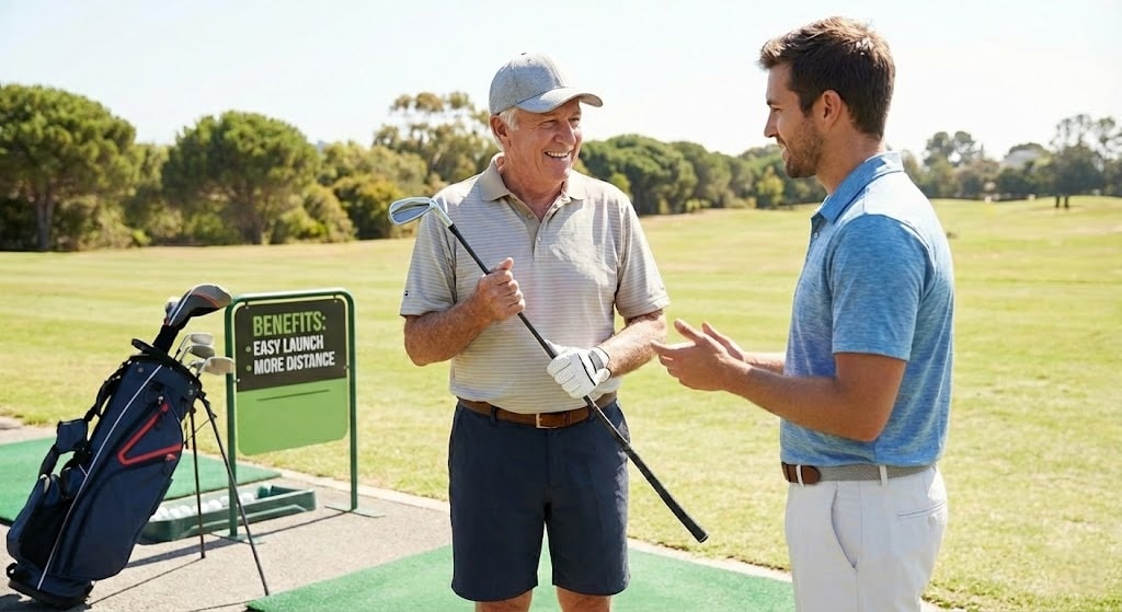 Two men talking at golf driving range