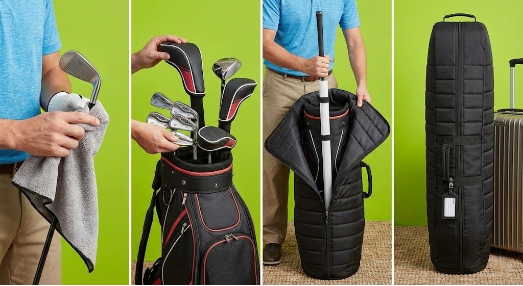 Man cleaning and packing golf clubs for travel