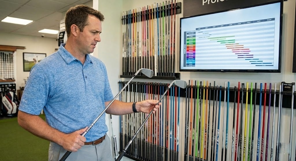 Man comparing golf clubs in fitting studio