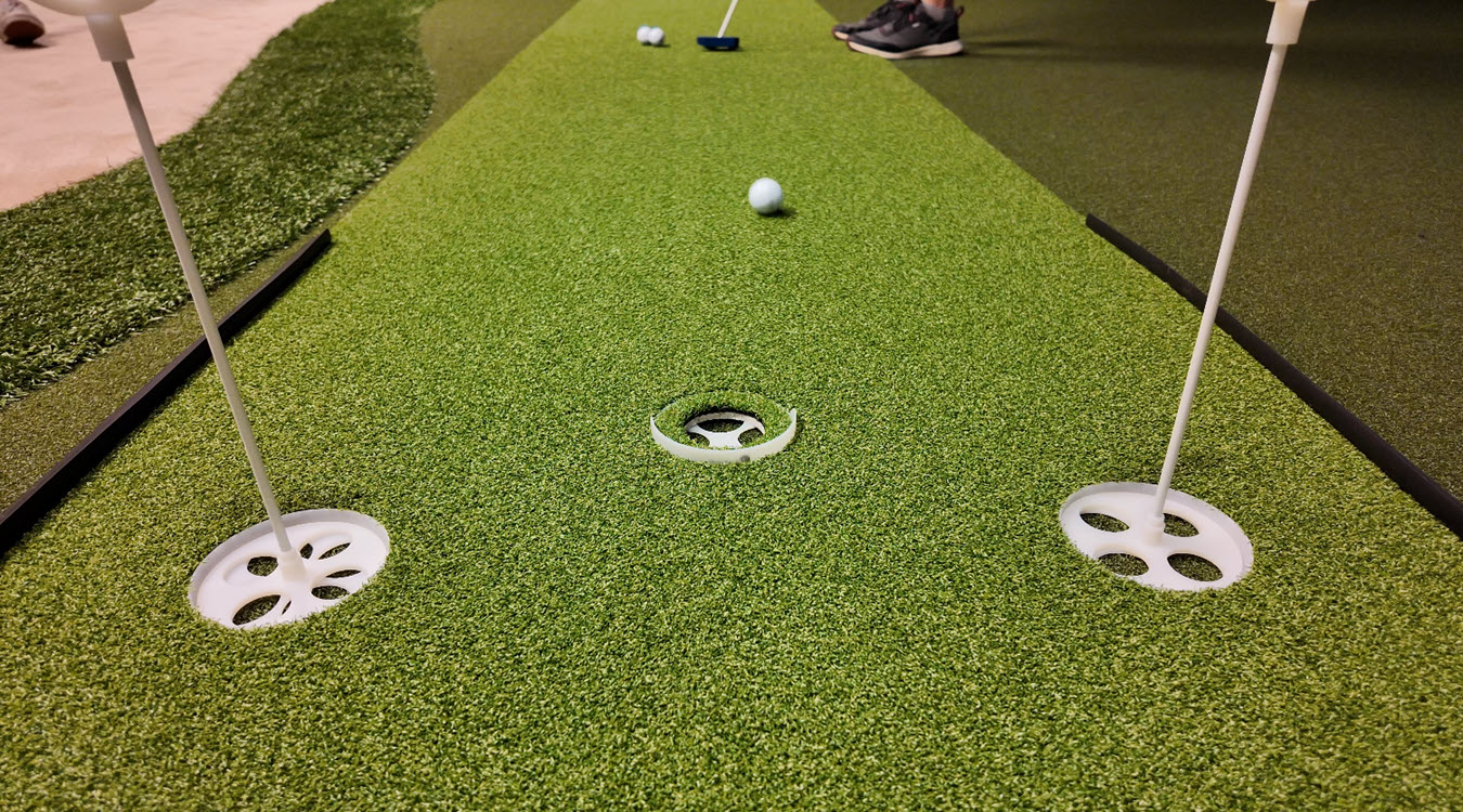 Mini-golf course with holes, flags, and golf balls