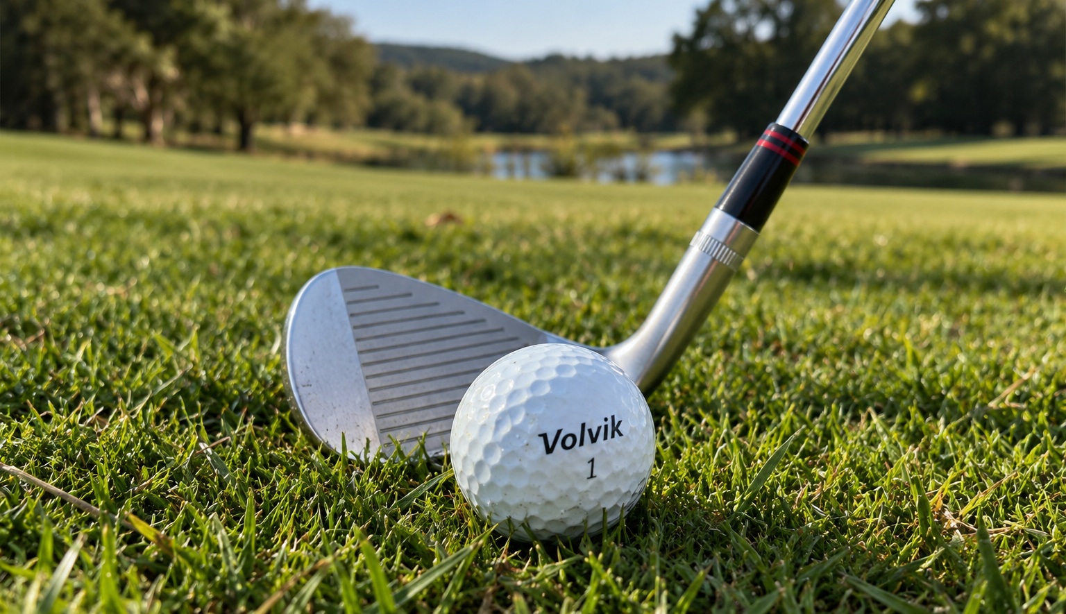 Golf ball and wedge on sunlit course grass