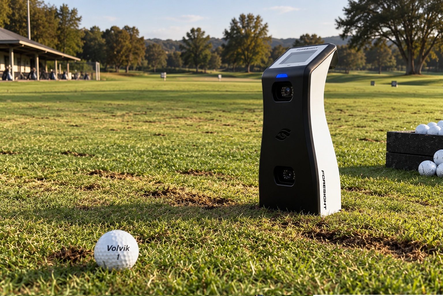 Launch monitor beside golf balls at a driving range