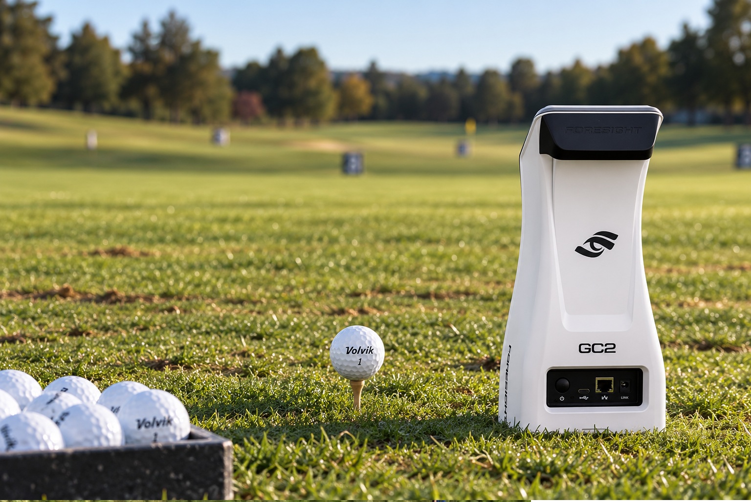 Foresight GC2 launch monitor beside golf balls on range