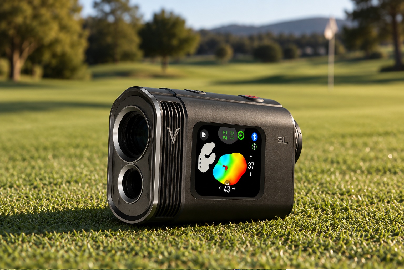 Golf rangefinder displaying a green map on a course