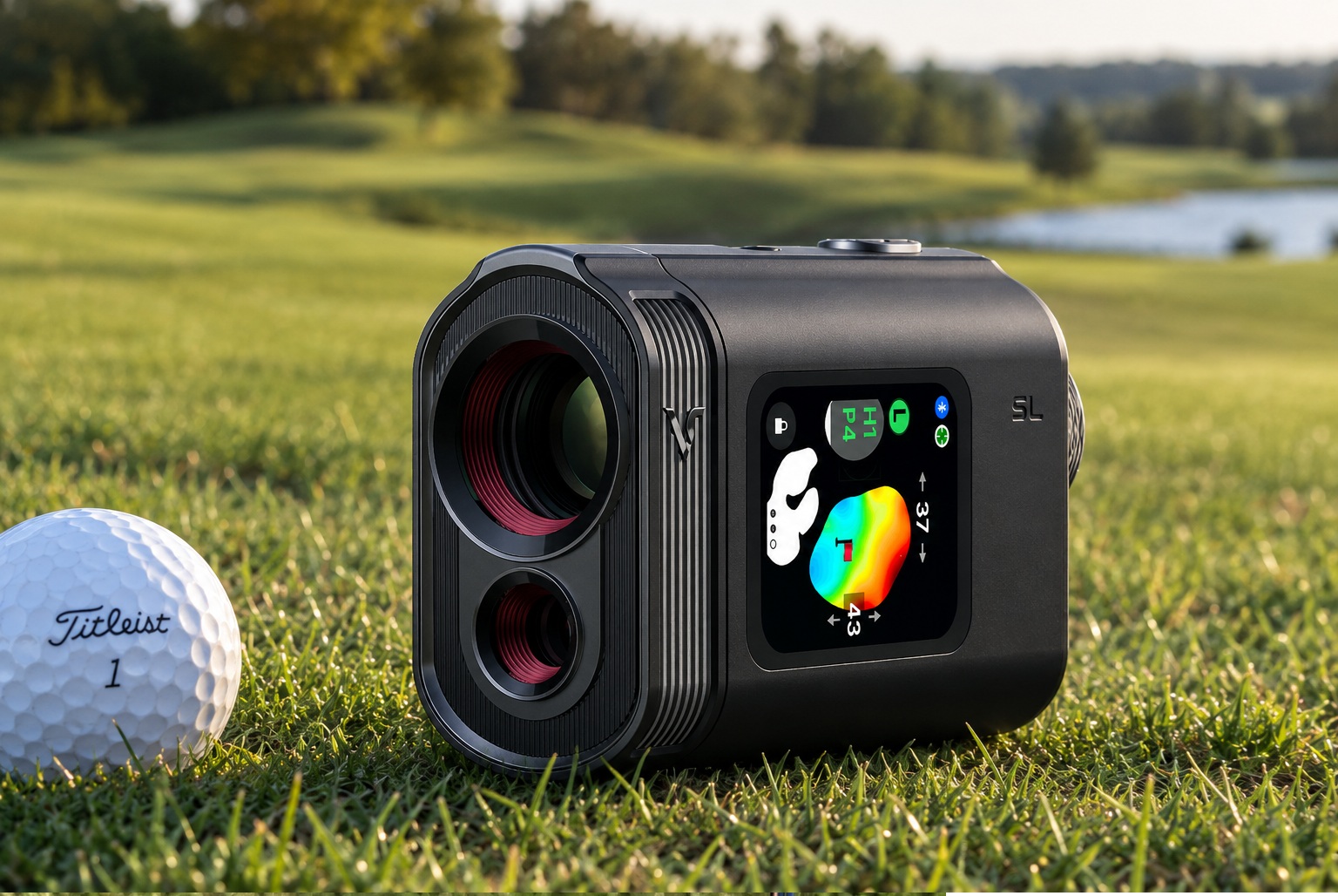 Golf rangefinder beside ball on sunlit course