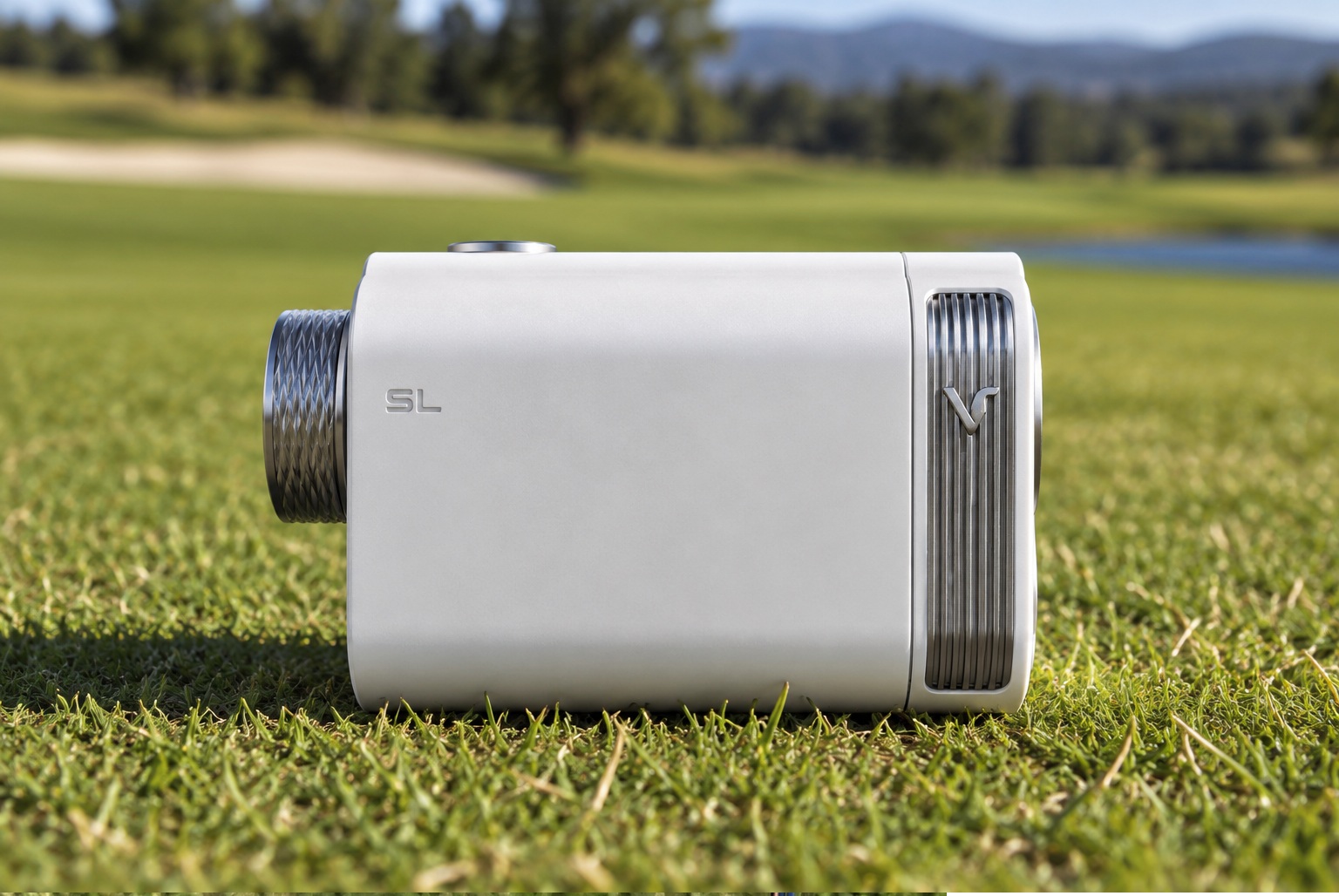White golf rangefinder resting on grass near a course