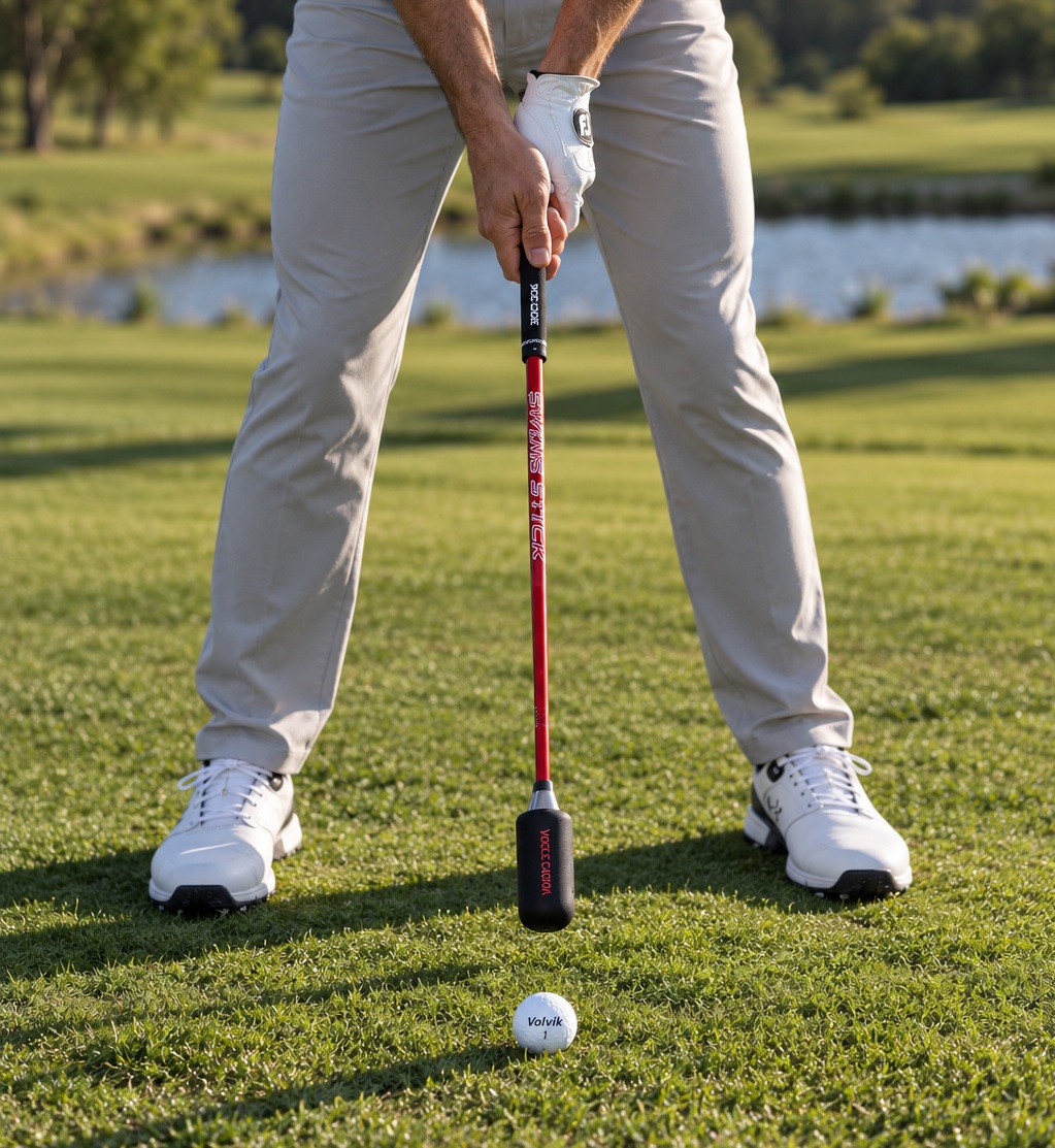Golfer addresses ball with training aid on fairway