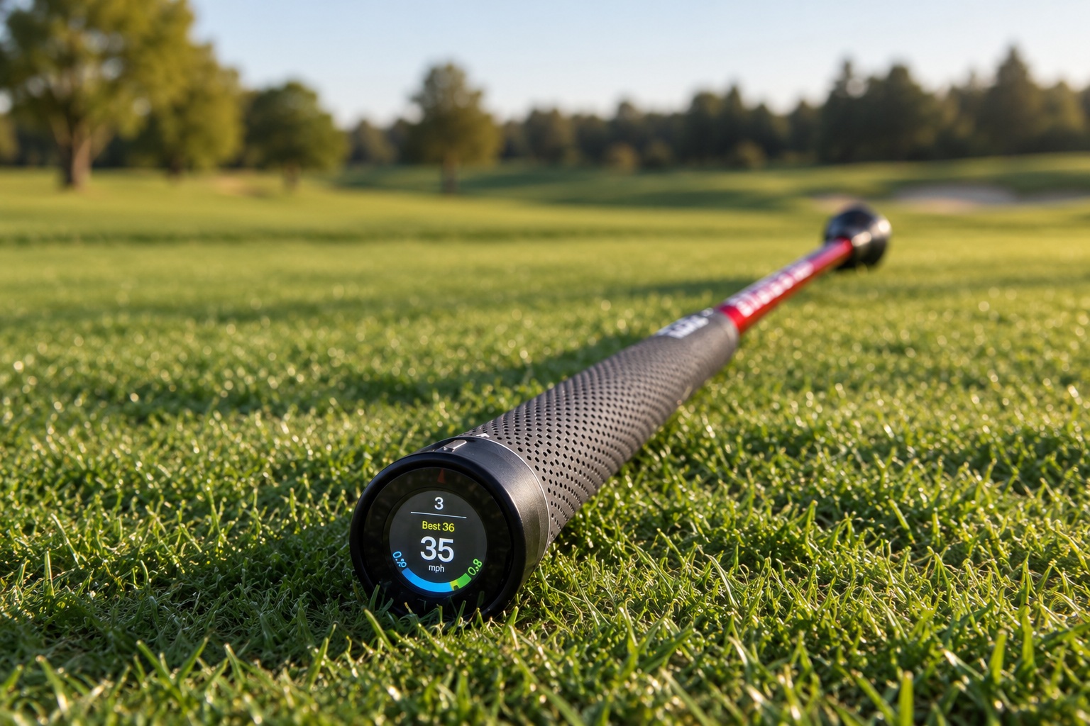 Smart golf club sensor displaying 35 mph on grass