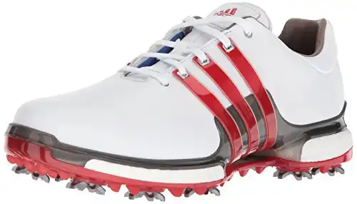 adidas Men's TOUR 360 2.0 Golf Shoe, White/Scarlet/Dark Silver Metallic, 10 M US