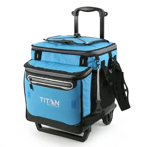 Arctic Zone Titan Deep Freeze 60 (50+10) Can Collapsible Rolling Cooler with Wheels and All-Terrain Cart, Process Blue