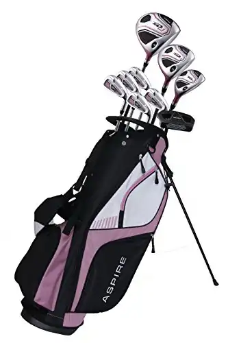 Aspire XD1 Ladies Womens Complete Golf Clubs Set Includes Titanium Driver, S.S. Fairway, Hybrid, 6-PW Irons, Putter, Bag, 3 H/C's Pink Petite Size