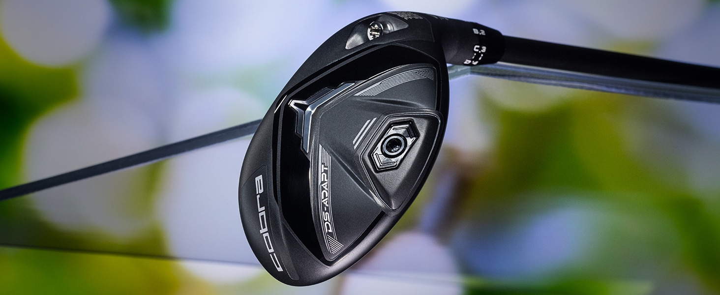 Close-up of a Cobra golf club head.