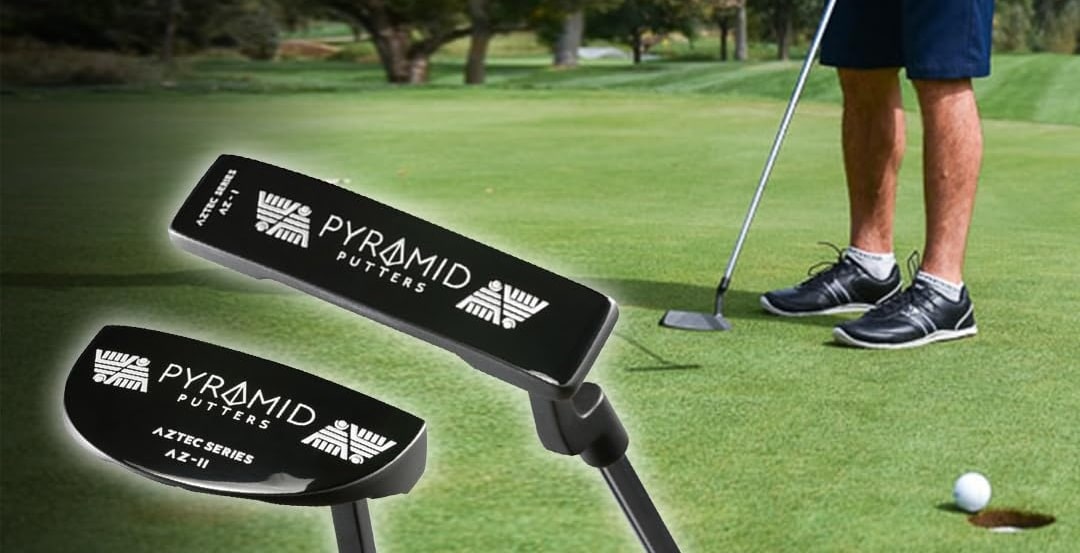 Golfer preparing to use Pyramid putter on green.
