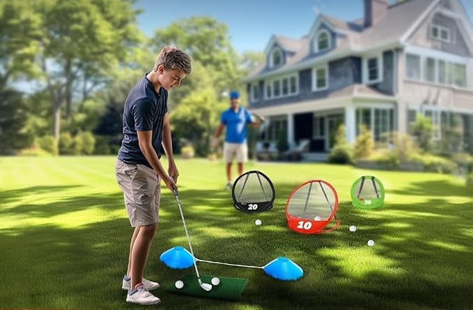 Boy practicing golf in a backyard with targets.
