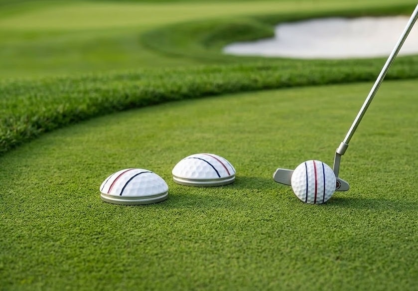 Putter and striped golf balls on manicured green