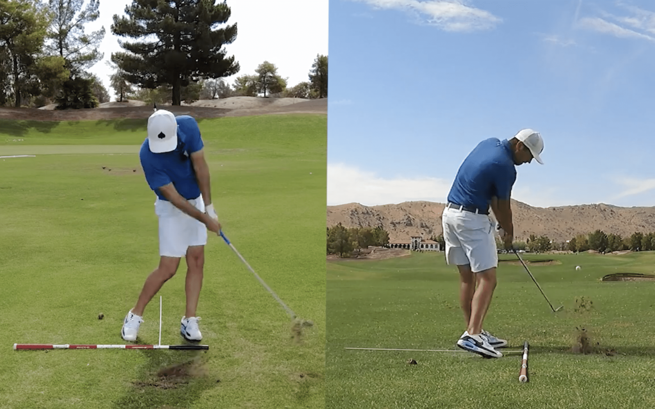 Golfer swinging club on two different courses.