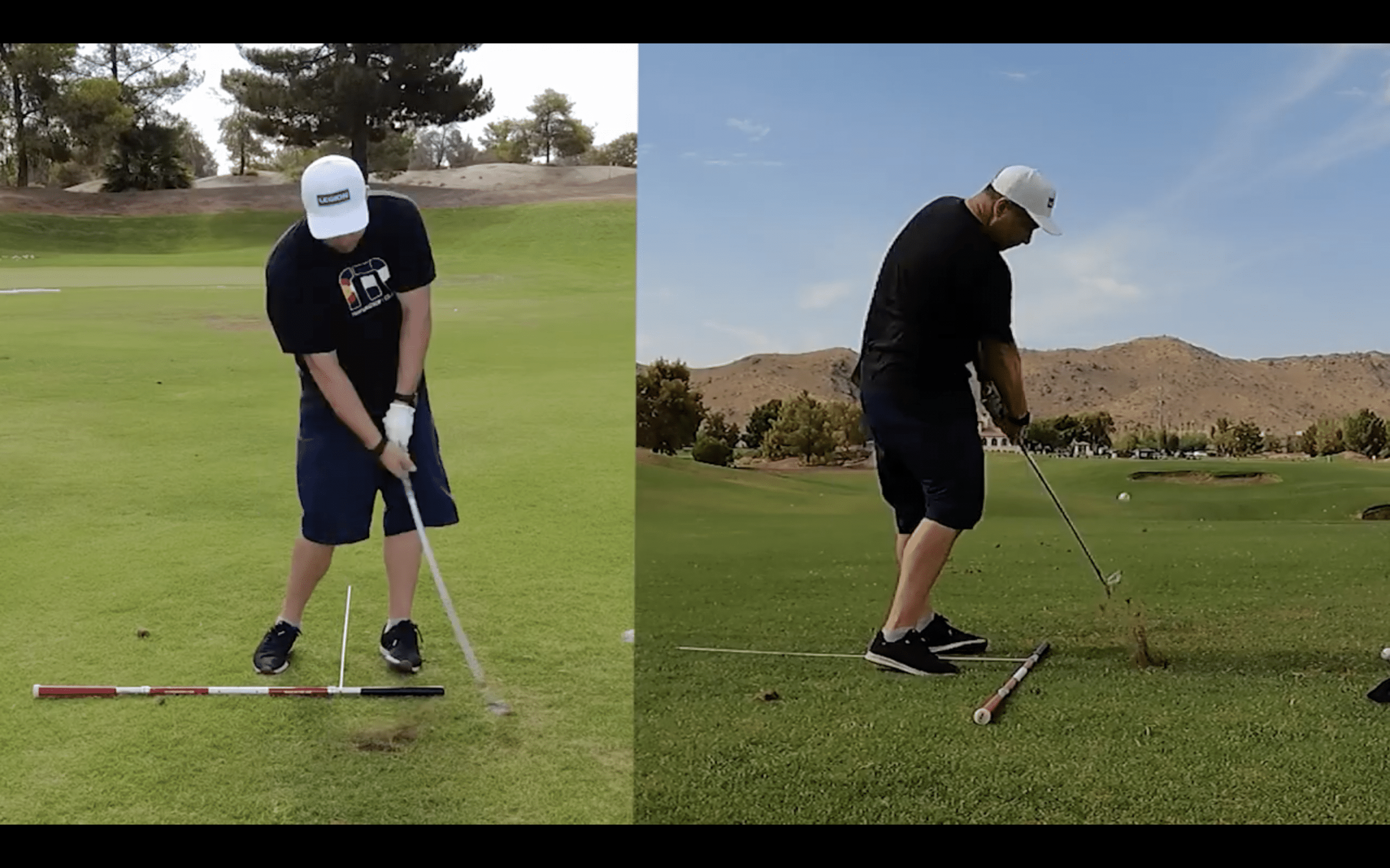 Two golfers practicing swings on a sunny green.
