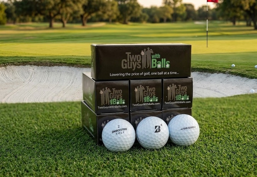 Golf ball boxes beside bunker on sunny course